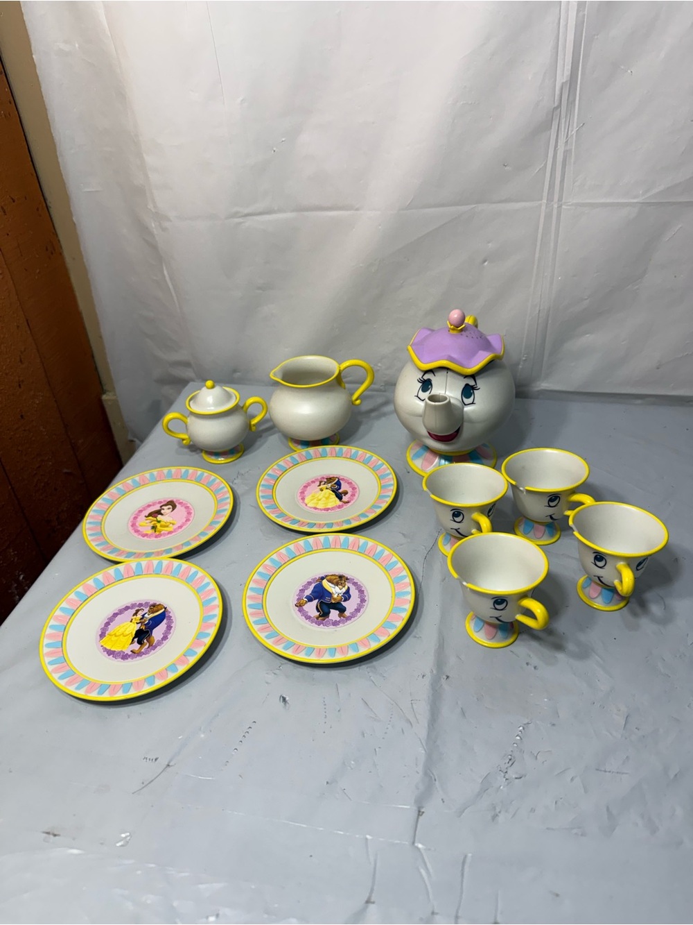 Vintage Disney Beauty and the Beast Toy Tea Set Mrs Potts Chip Plates Complete